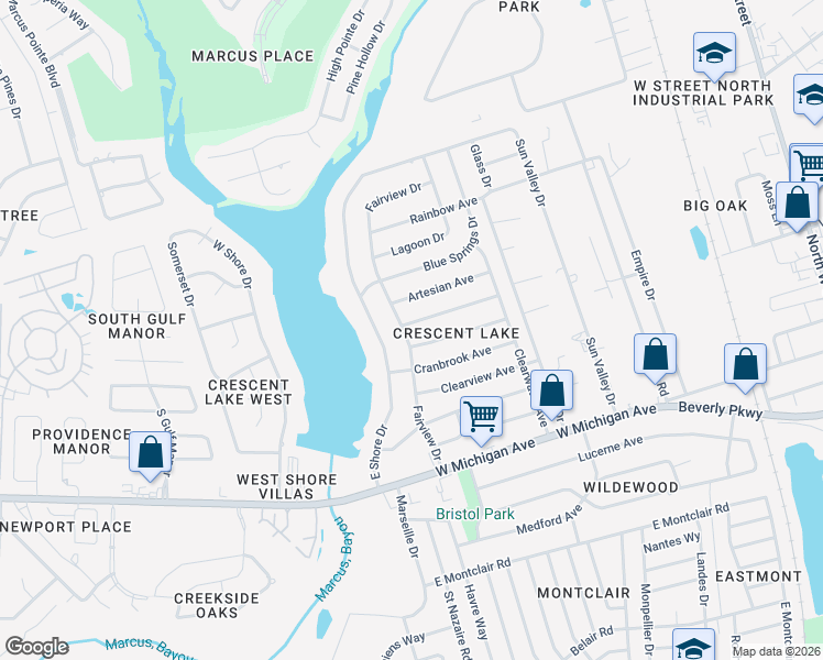 map of restaurants, bars, coffee shops, grocery stores, and more near 5902 Fairview Drive in Pensacola