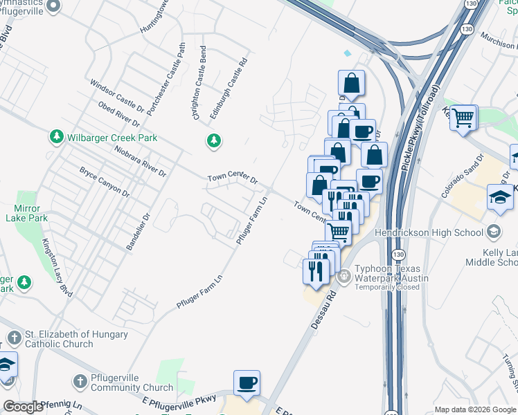 map of restaurants, bars, coffee shops, grocery stores, and more near 18501 Pfluger Farm Lane in Pflugerville