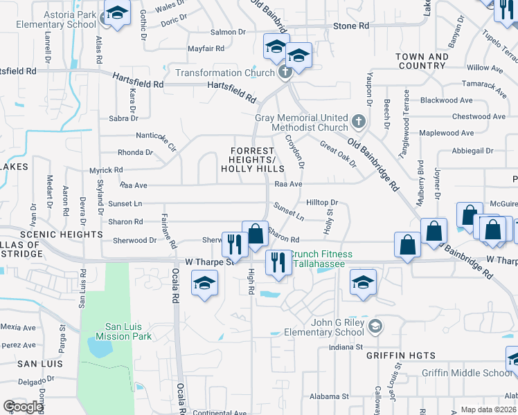 map of restaurants, bars, coffee shops, grocery stores, and more near 1705 Sunset Lane in Tallahassee