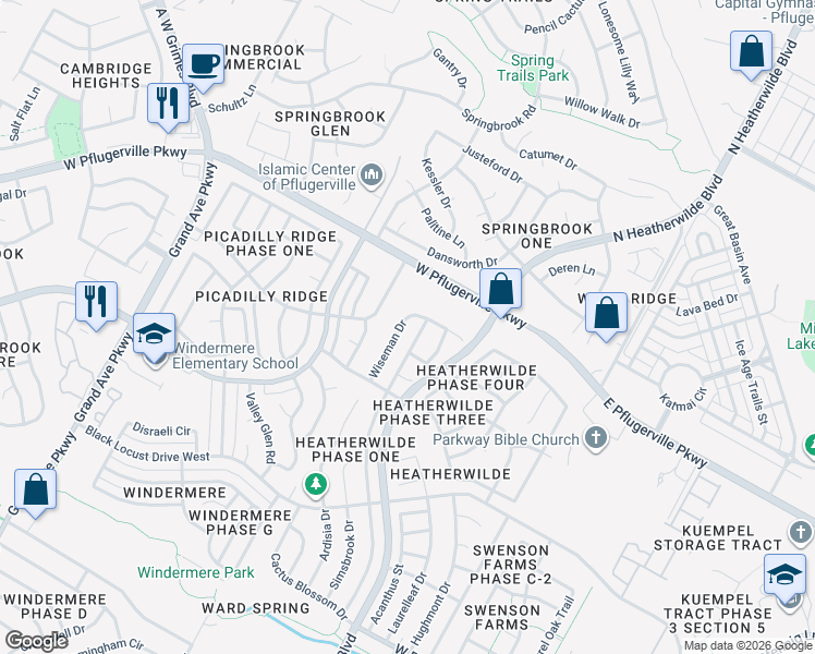 map of restaurants, bars, coffee shops, grocery stores, and more near 17509 Wiseman Drive in Pflugerville