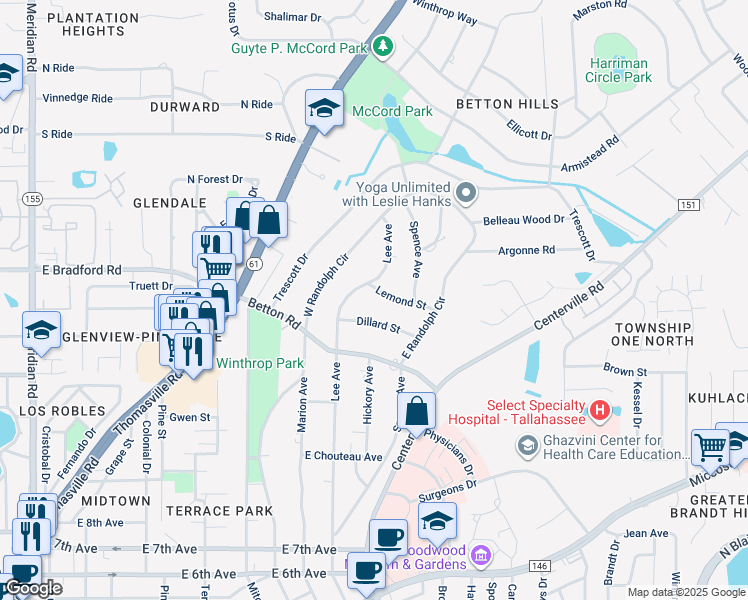 map of restaurants, bars, coffee shops, grocery stores, and more near 1307 Lemond Street in Tallahassee