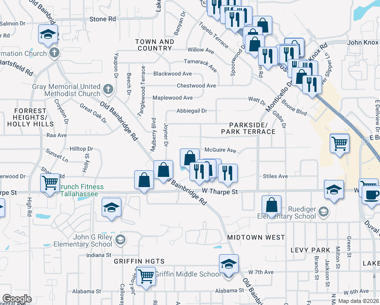 map of restaurants, bars, coffee shops, grocery stores, and more near 905 Mcguire Court in Tallahassee