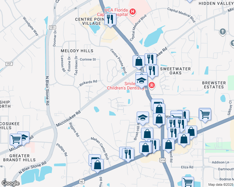 map of restaurants, bars, coffee shops, grocery stores, and more near 1806 Ashley Hall Way in Tallahassee
