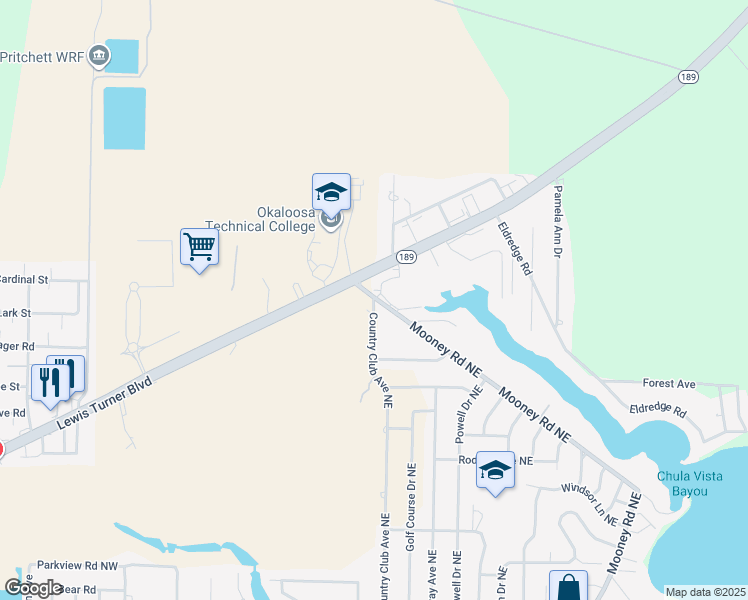 map of restaurants, bars, coffee shops, grocery stores, and more near 822 Country Club Avenue Northeast in Fort Walton Beach