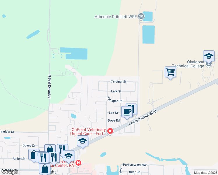 map of restaurants, bars, coffee shops, grocery stores, and more near 803 Tanager Road in Fort Walton Beach