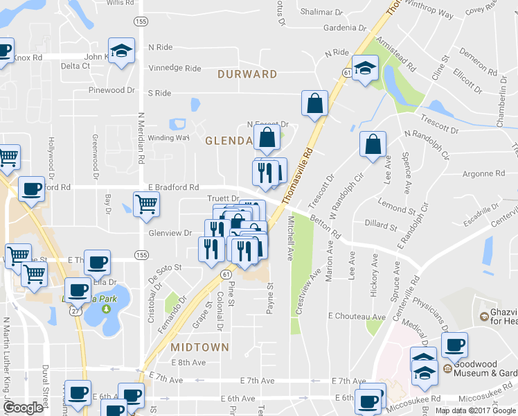 map of restaurants, bars, coffee shops, grocery stores, and more near 1931 Truett Drive in Tallahassee