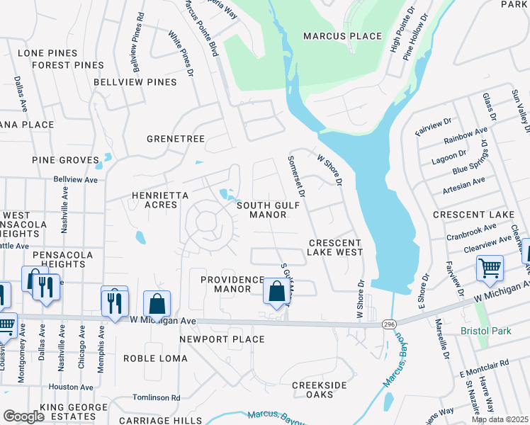 map of restaurants, bars, coffee shops, grocery stores, and more near 6065 South Gulf Manor in Pensacola