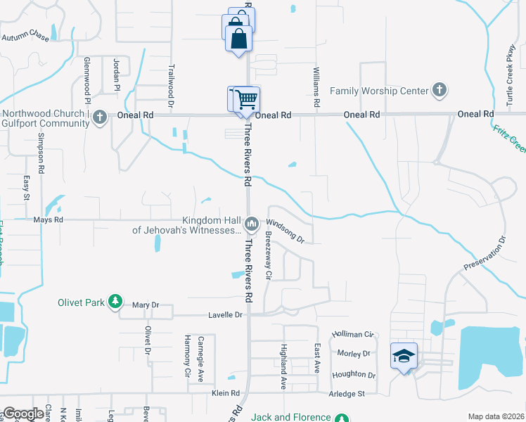map of restaurants, bars, coffee shops, grocery stores, and more near 13512 Windridge Drive in Gulfport