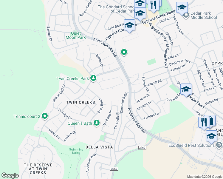 map of restaurants, bars, coffee shops, grocery stores, and more near 2500 Guara Drive in Cedar Park
