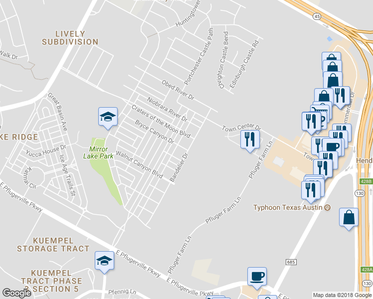 map of restaurants, bars, coffee shops, grocery stores, and more near 1126 Bryce Canyon Drive in Pflugerville