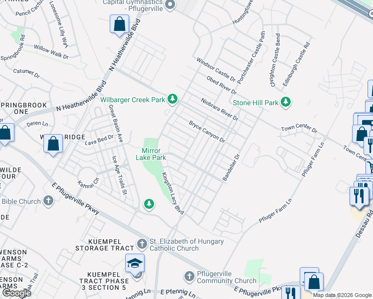 map of restaurants, bars, coffee shops, grocery stores, and more near 829 Lassen Volcanic Drive in Pflugerville