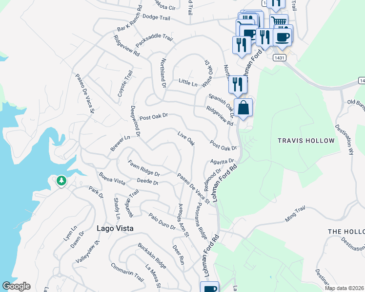 map of restaurants, bars, coffee shops, grocery stores, and more near 6906 Cedar Ridge Drive in Lago Vista
