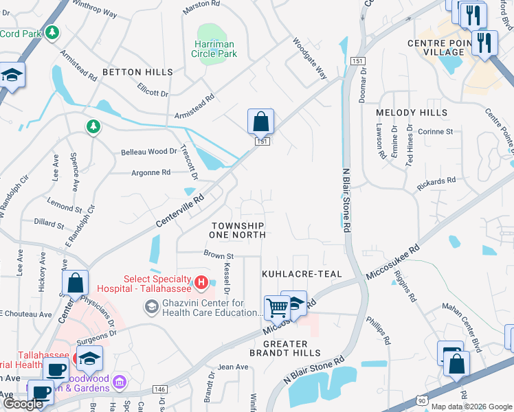 map of restaurants, bars, coffee shops, grocery stores, and more near 15768 Coombs Drive in Tallahassee