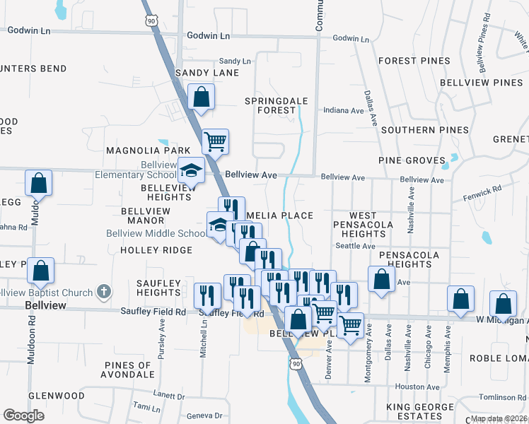 map of restaurants, bars, coffee shops, grocery stores, and more near 6347 Mers Lane in Pensacola
