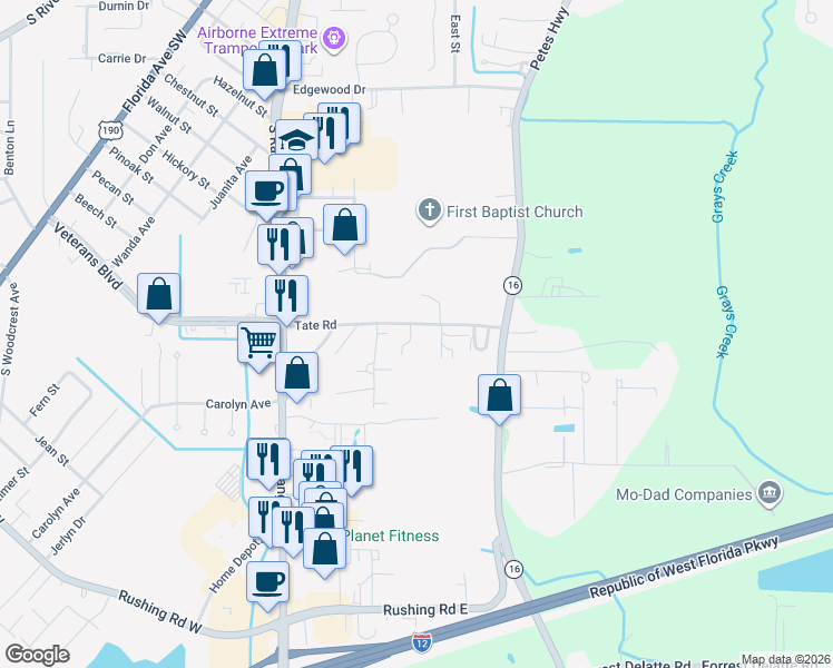 map of restaurants, bars, coffee shops, grocery stores, and more near 314 Tate Road in Denham Springs