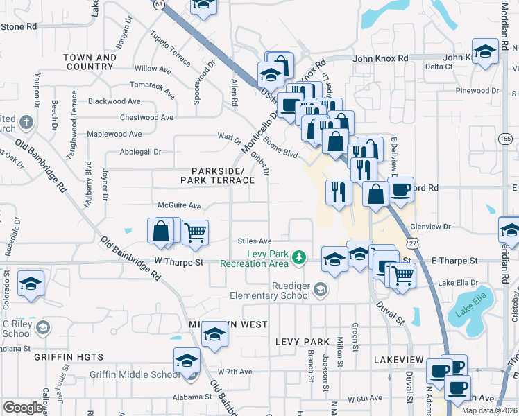 map of restaurants, bars, coffee shops, grocery stores, and more near 703 Voncile Avenue in Tallahassee