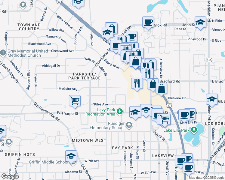 map of restaurants, bars, coffee shops, grocery stores, and more near 639 Voncile Avenue in Tallahassee