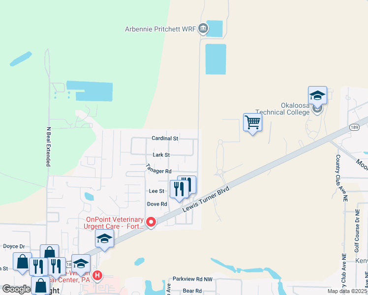 map of restaurants, bars, coffee shops, grocery stores, and more near 829 Lark Street in Fort Walton Beach