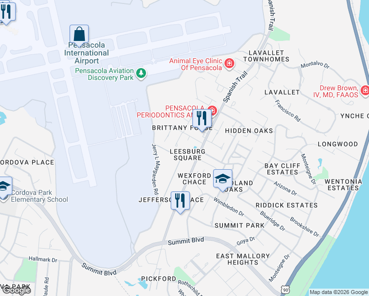 map of restaurants, bars, coffee shops, grocery stores, and more near 3140 Leesburg Square in Pensacola