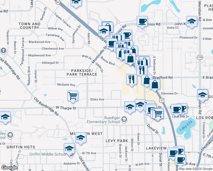 map of restaurants, bars, coffee shops, grocery stores, and more near 639 Voncile Avenue in Tallahassee