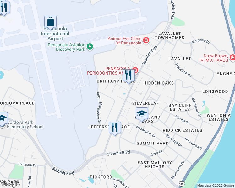 map of restaurants, bars, coffee shops, grocery stores, and more near 3140 Leesburg Square in Pensacola