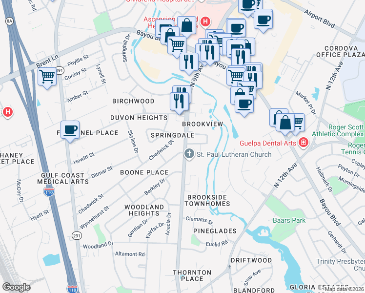 map of restaurants, bars, coffee shops, grocery stores, and more near 4715 North 9th Avenue in Pensacola