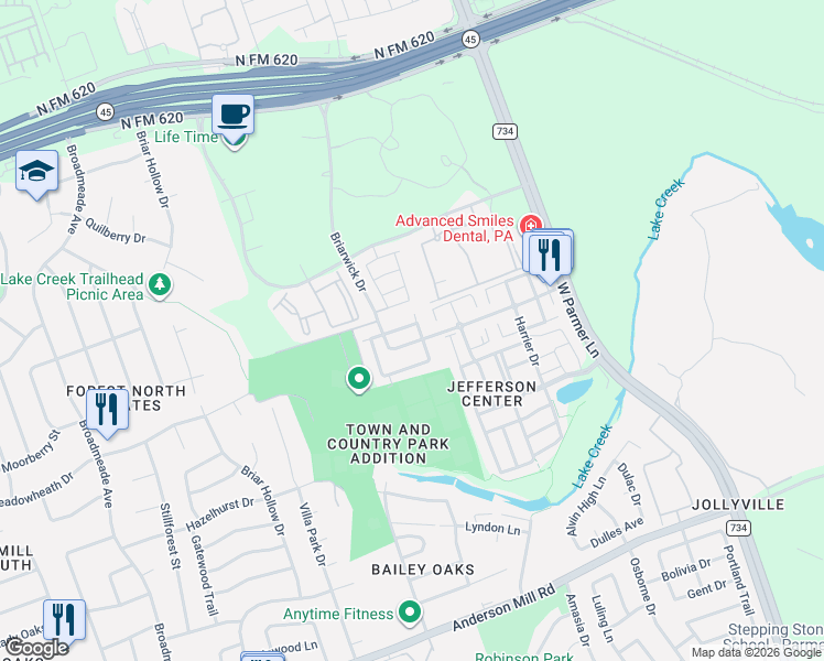 map of restaurants, bars, coffee shops, grocery stores, and more near 1401 Briarwick Drive in Austin