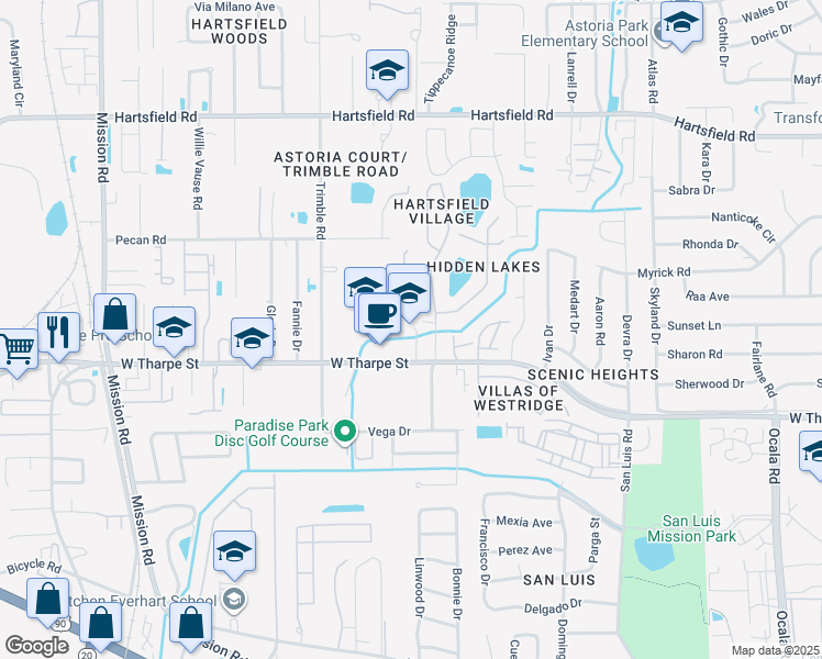 map of restaurants, bars, coffee shops, grocery stores, and more near 2514 West Tharpe Street in Tallahassee