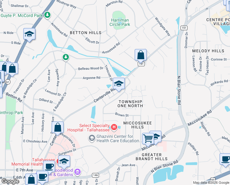 map of restaurants, bars, coffee shops, grocery stores, and more near 1625 Centerville Road in Tallahassee