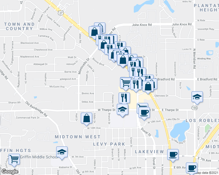 map of restaurants, bars, coffee shops, grocery stores, and more near 621 Voncile Avenue in Tallahassee