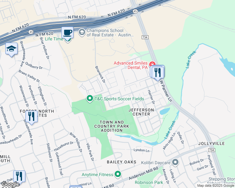 map of restaurants, bars, coffee shops, grocery stores, and more near 13400 Briarwick Drive in Austin