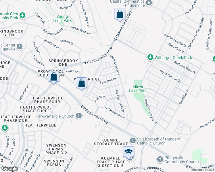 map of restaurants, bars, coffee shops, grocery stores, and more near 17921 Kenai Fjords Drive in Pflugerville