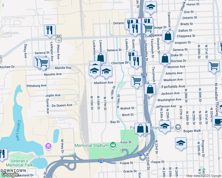 map of restaurants, bars, coffee shops, grocery stores, and more near 2105 North 18th Street in Baton Rouge