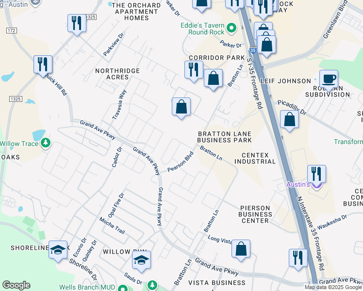 map of restaurants, bars, coffee shops, grocery stores, and more near 3137 Lions Tail Street in Austin