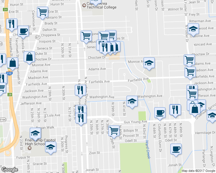 map of restaurants, bars, coffee shops, grocery stores, and more near 2016 North 38th Street in Baton Rouge
