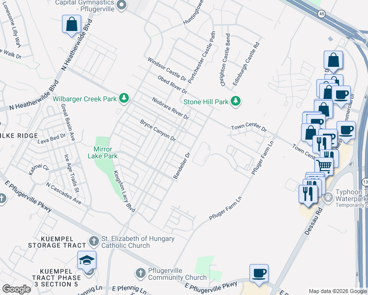 map of restaurants, bars, coffee shops, grocery stores, and more near 1126 Bryce Canyon Drive in Pflugerville