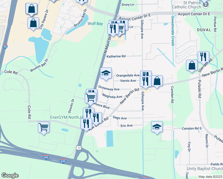 map of restaurants, bars, coffee shops, grocery stores, and more near 143 Oceanway Avenue in Jacksonville