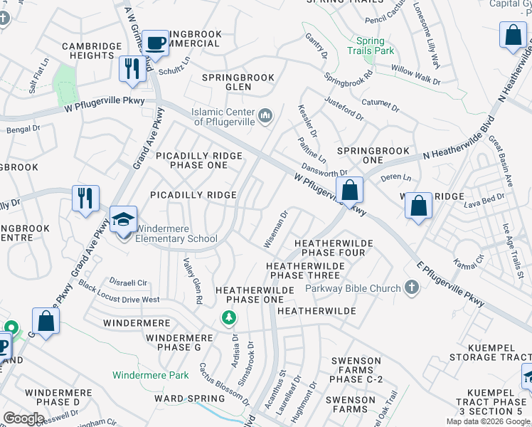 map of restaurants, bars, coffee shops, grocery stores, and more near 17445 Dornach Drive in Pflugerville