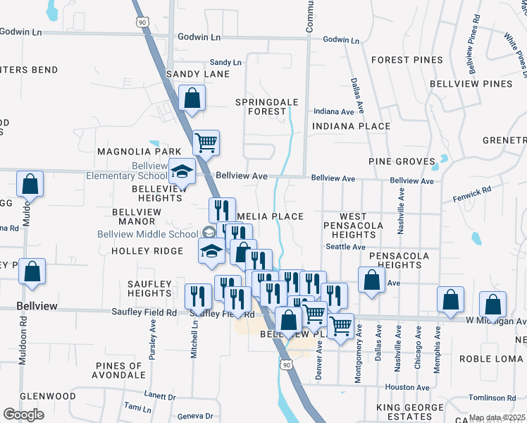map of restaurants, bars, coffee shops, grocery stores, and more near 6352 Mers Lane in Pensacola