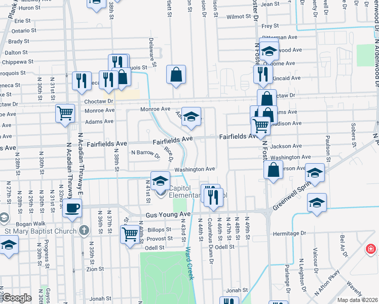 map of restaurants, bars, coffee shops, grocery stores, and more near 1988 East Belfair Drive in Baton Rouge