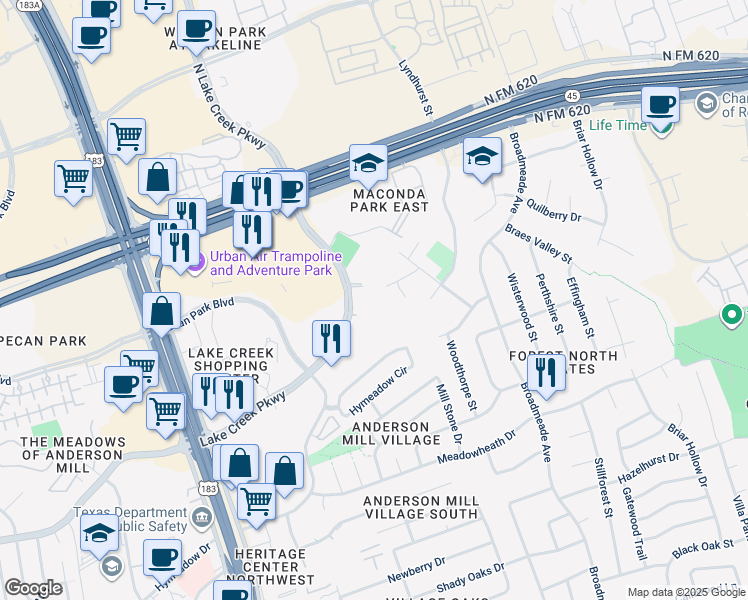 map of restaurants, bars, coffee shops, grocery stores, and more near 10015 Lake Creek Parkway in Austin
