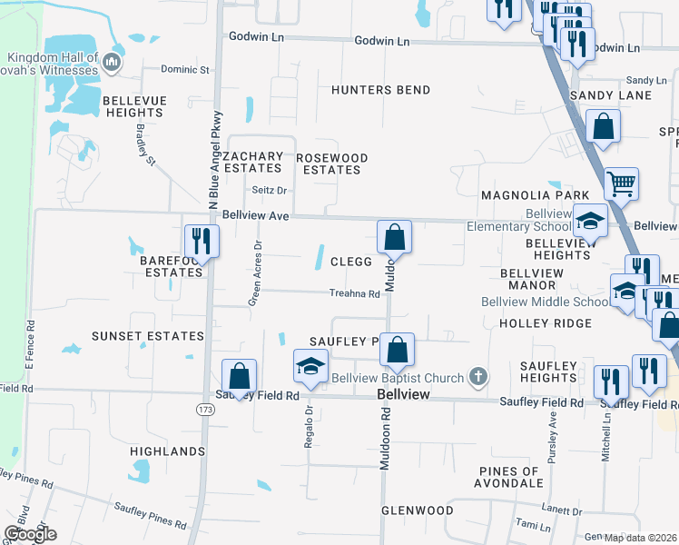 map of restaurants, bars, coffee shops, grocery stores, and more near 6309 Clegg Road in Pensacola