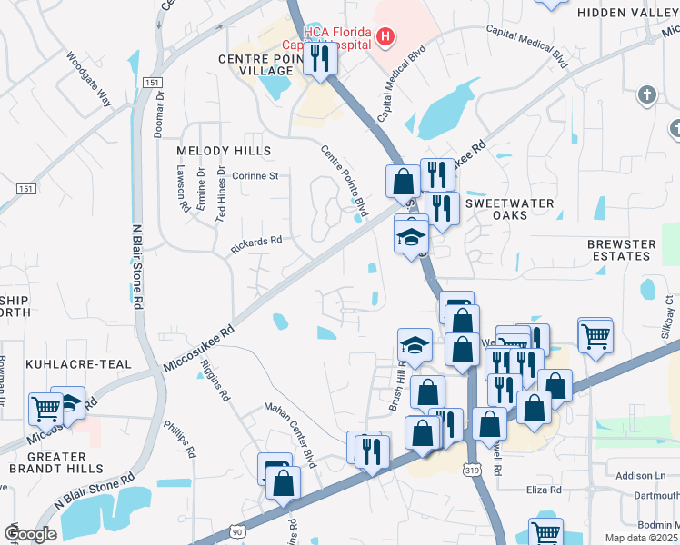map of restaurants, bars, coffee shops, grocery stores, and more near 1806 Ashley Hall Way in Tallahassee