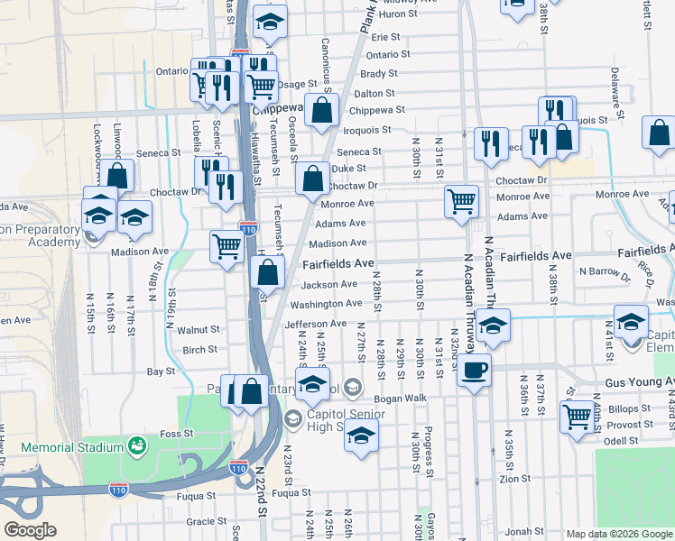 map of restaurants, bars, coffee shops, grocery stores, and more near 2616 Fairfields Avenue in Baton Rouge