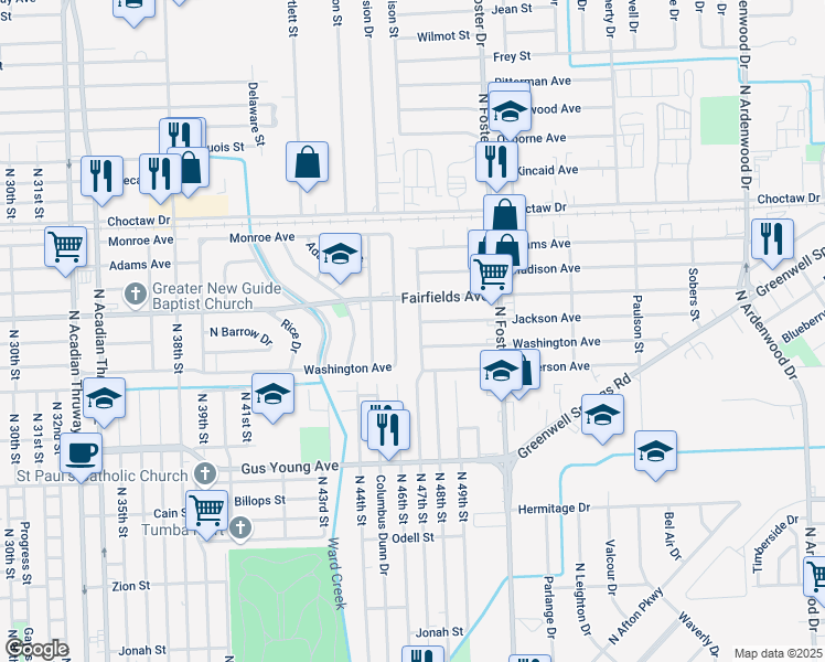 map of restaurants, bars, coffee shops, grocery stores, and more near 1949 Harelson St in Baton Rouge