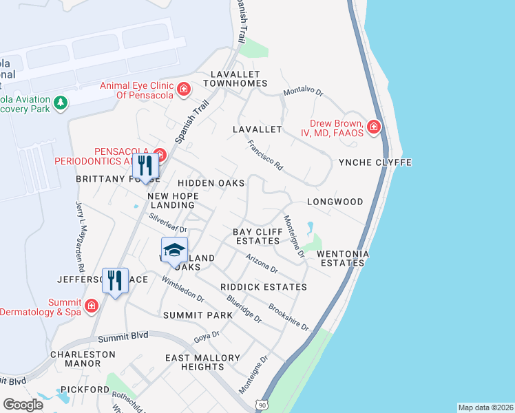 map of restaurants, bars, coffee shops, grocery stores, and more near 4180 Rommitch Lane in Pensacola