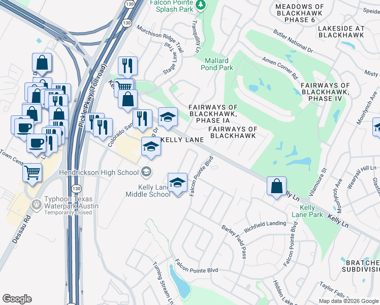 map of restaurants, bars, coffee shops, grocery stores, and more near 2200 Village View Loop in Pflugerville