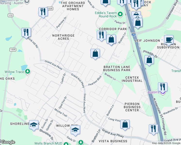 map of restaurants, bars, coffee shops, grocery stores, and more near 3137 Lions Tail Street in Austin