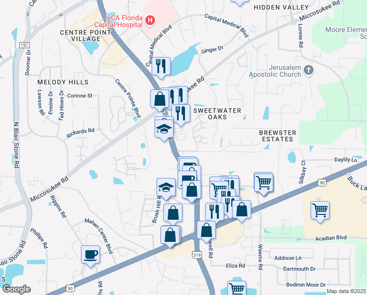 map of restaurants, bars, coffee shops, grocery stores, and more near 1771 Capital Circle Northeast in Tallahassee