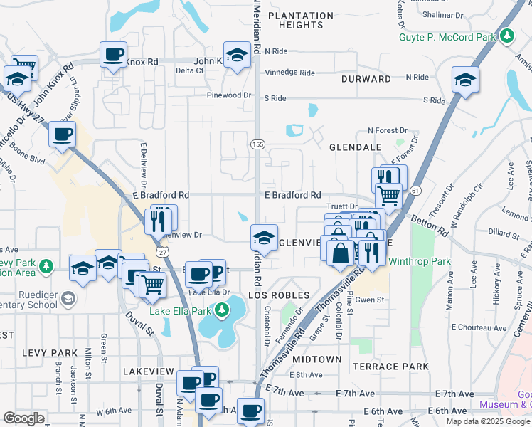 map of restaurants, bars, coffee shops, grocery stores, and more near 1951 North Meridian Road in Tallahassee